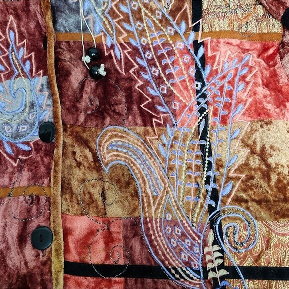 Brownstone Studio Brown Velvet Velour Patchwork Embroidered Blazer Jacket Sz. M - Picture 4 of 7